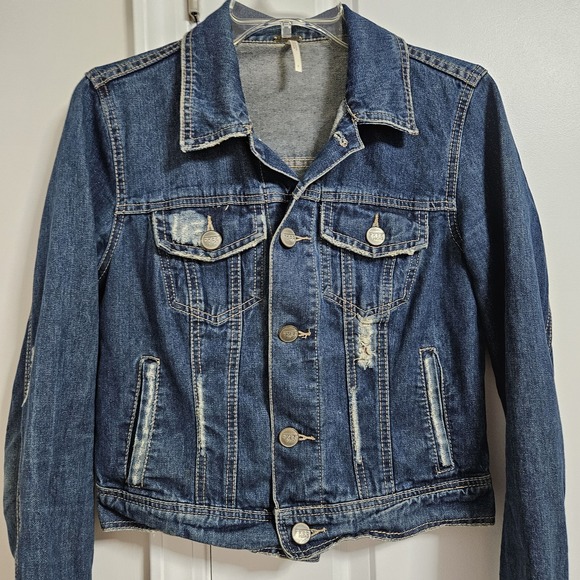 Free People Cropped Jean Jacket Women's 4 Blue Denim Pockets Y2K Distressed - Picture 5 of 10
